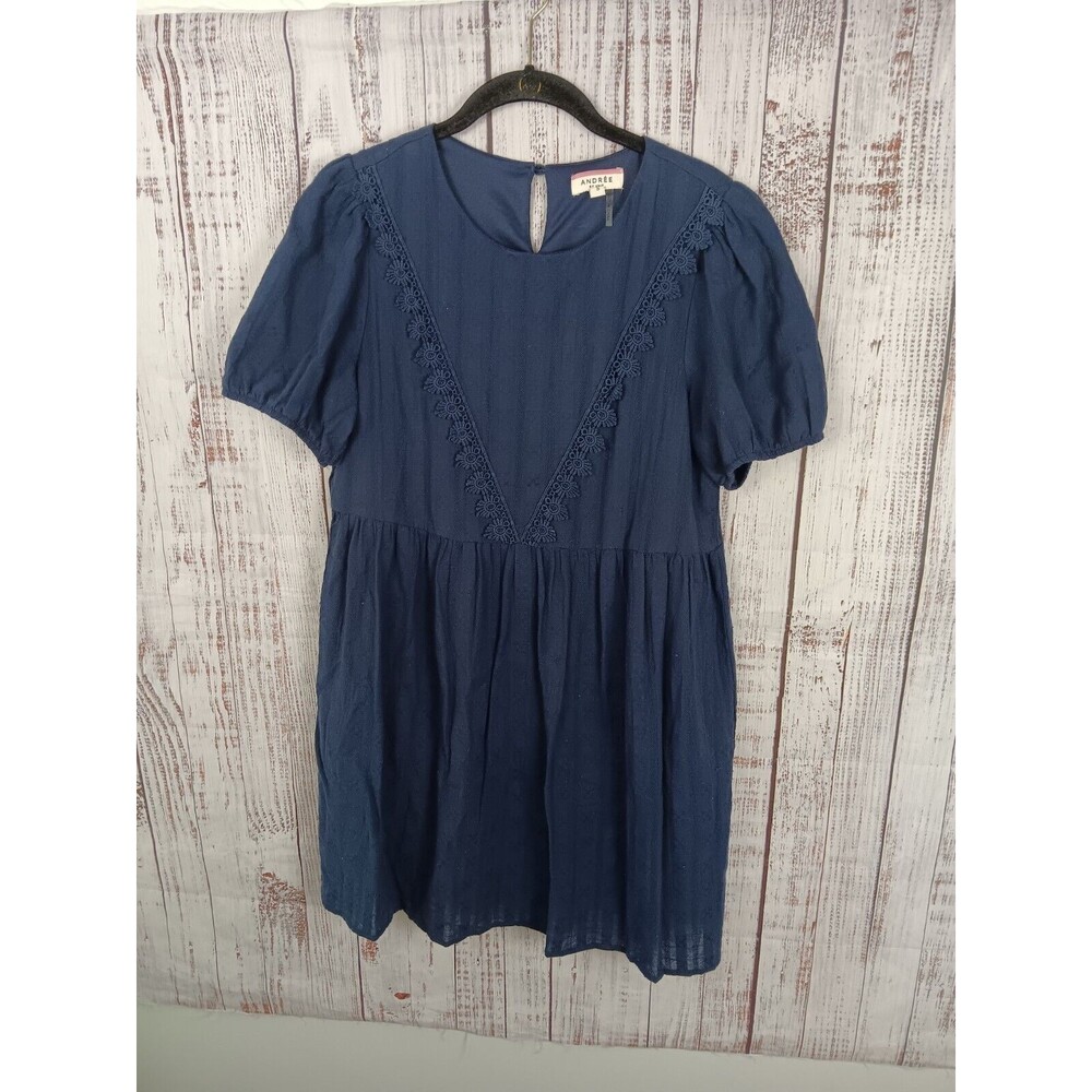 Andree By Unit Dress Women’s S Navy Blue Short Sleeve Lace Trim Cotton A-Line